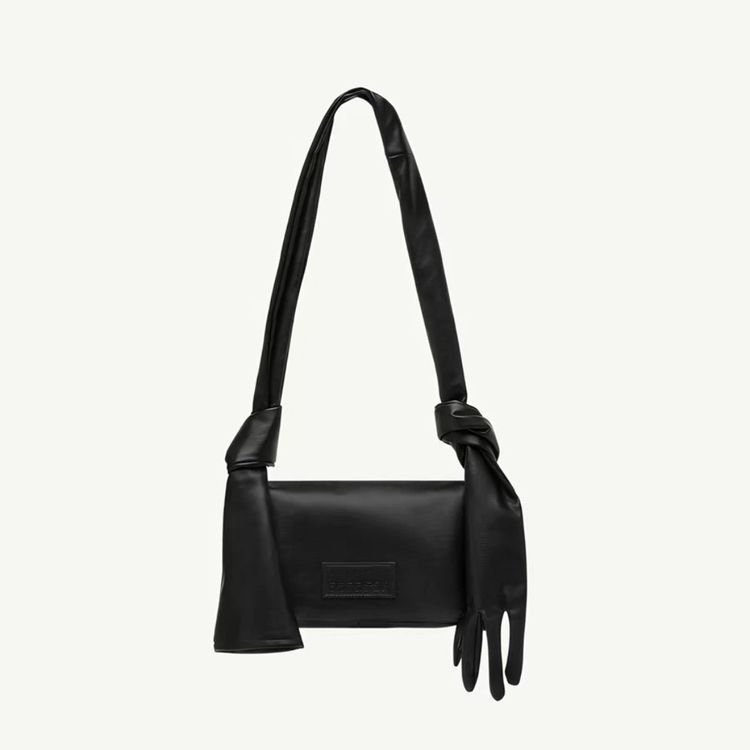 51166200 Black Leather Glove Strap Shoulder Bag Embossed Logo Mini Crossbody Handbag