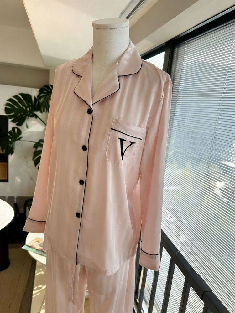 40452435 New pink striped pajamas for women, ice silk loungewear