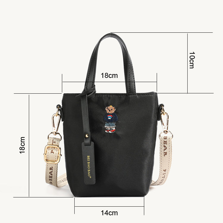 51170551 Mini Embroidery Bear Bucket Bag Top Handle Adjustable Strap Crossbody Shoulder Tote