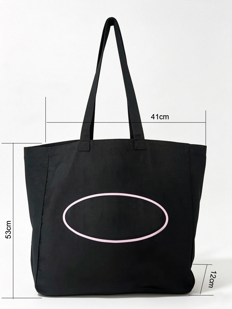 51170565 Black Canvas Tote Bag Pink Oval Island Print Large Capacity Daily Shopping Shoulder Bag