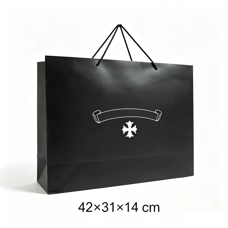 51180844 Black Paper Gift Shopping Bag White Cross Logo Printed Handheld Packaging Tote Bag