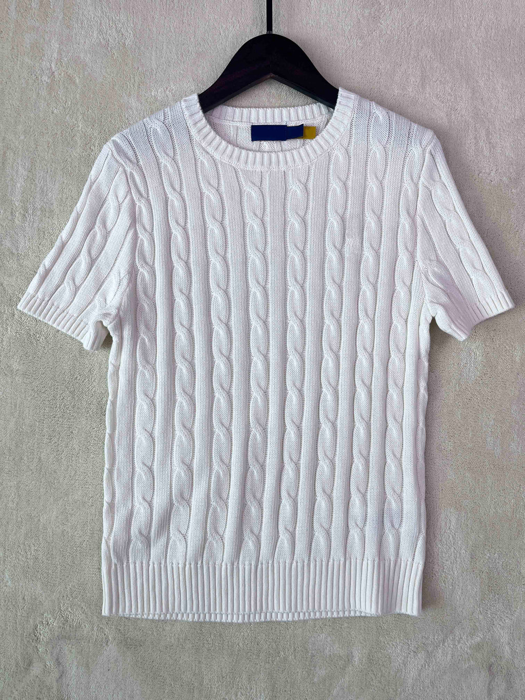 40218487 RL Cable-Knit Cotton Short-Sleeve Sweater Crew Neck Short Sleeve