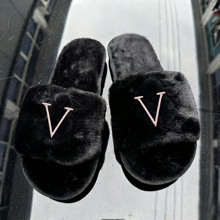Women Fuzzy Plush Open‑Toe Slippers Soft Embroidered Non‑Slip Indoor House Slides - 51317377
