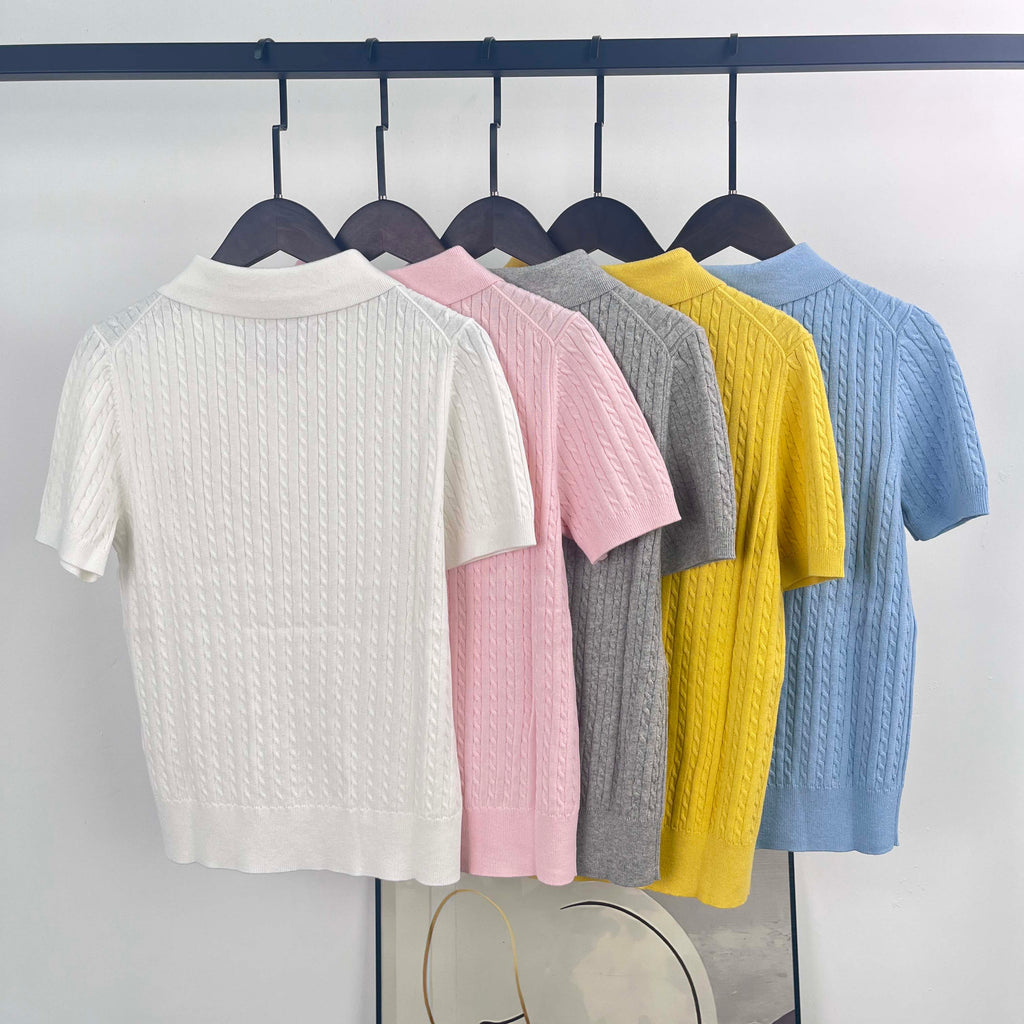 39613591 Women's Mini-Cable Cotton Polo Sweater - Short Sleeve Knit Top