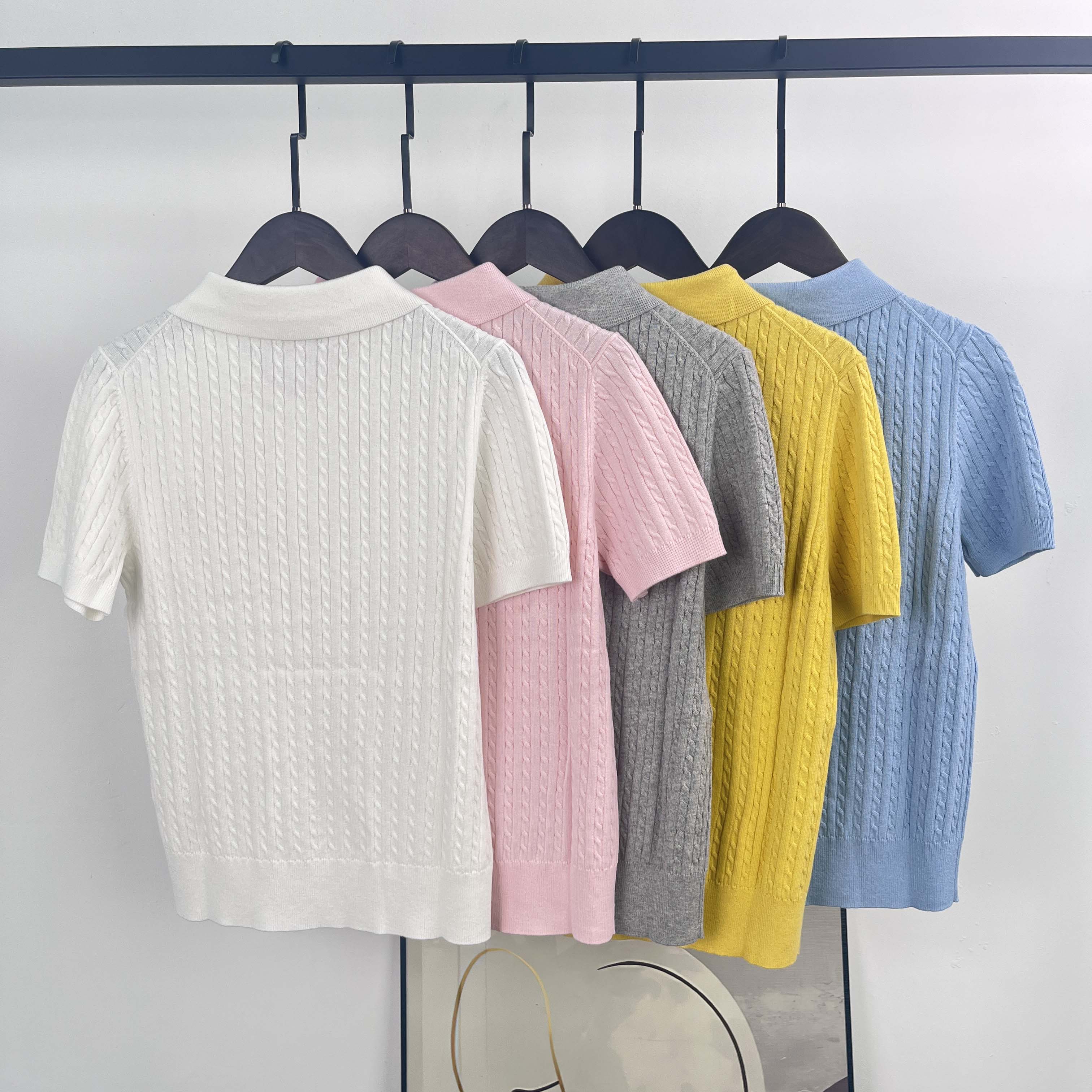 39613591 Women's Mini-Cable Cotton Polo Sweater - Short Sleeve Knit Top