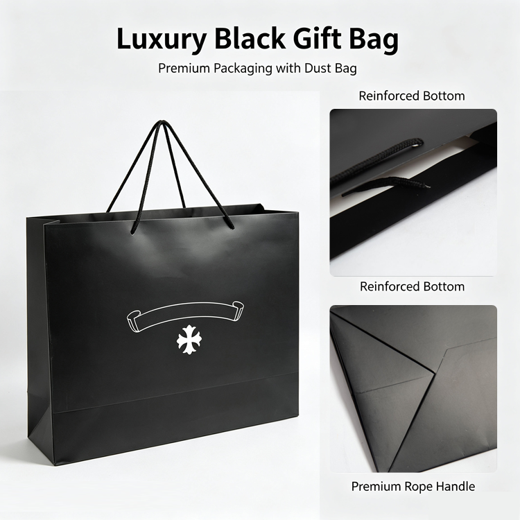 51180844 Black Paper Gift Shopping Bag White Cross Logo Printed Handheld Packaging Tote Bag