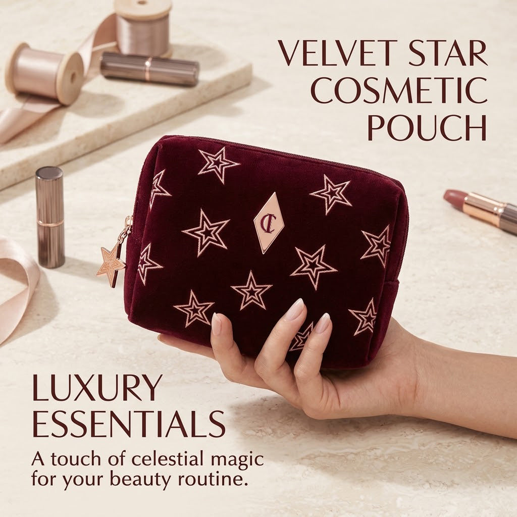 51357514 Burgundy Velvet Star Makeup Bag, Portable Cosmetic Pouch for Travel Makeup Storage