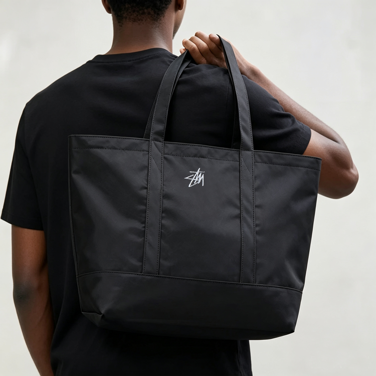 51193265 Black Large Capacity Tote Bag Embroidery Logo Casual Daily Shopping Shoulder Handbag