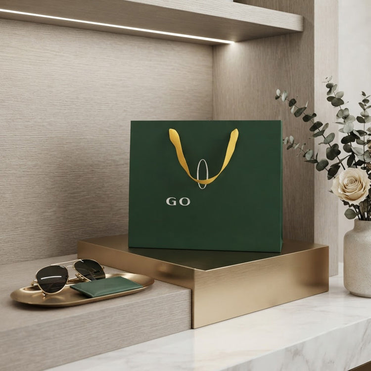 51185028 Dark Green Paper Gift Shopping Bag Yellow Handle Logo Print Retail Packaging Tote Bag