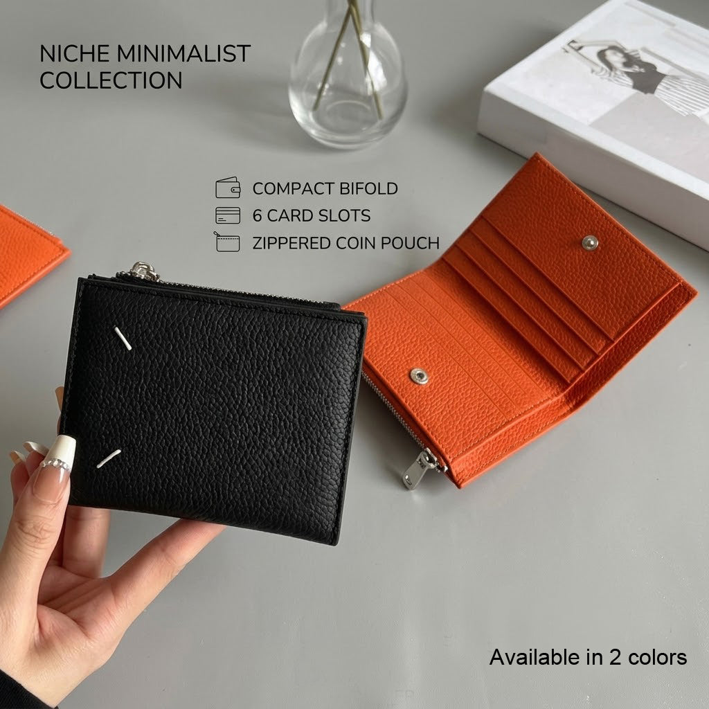 40635692 Genuine Cowhide Bifold Mini Wallet Multi Card Slots Leather Coin Purse Black Orange
