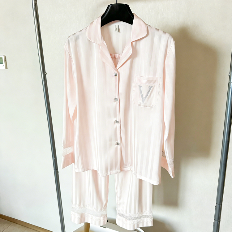 40452428 Women's Satin Striped Pajama Set with Lace Trim