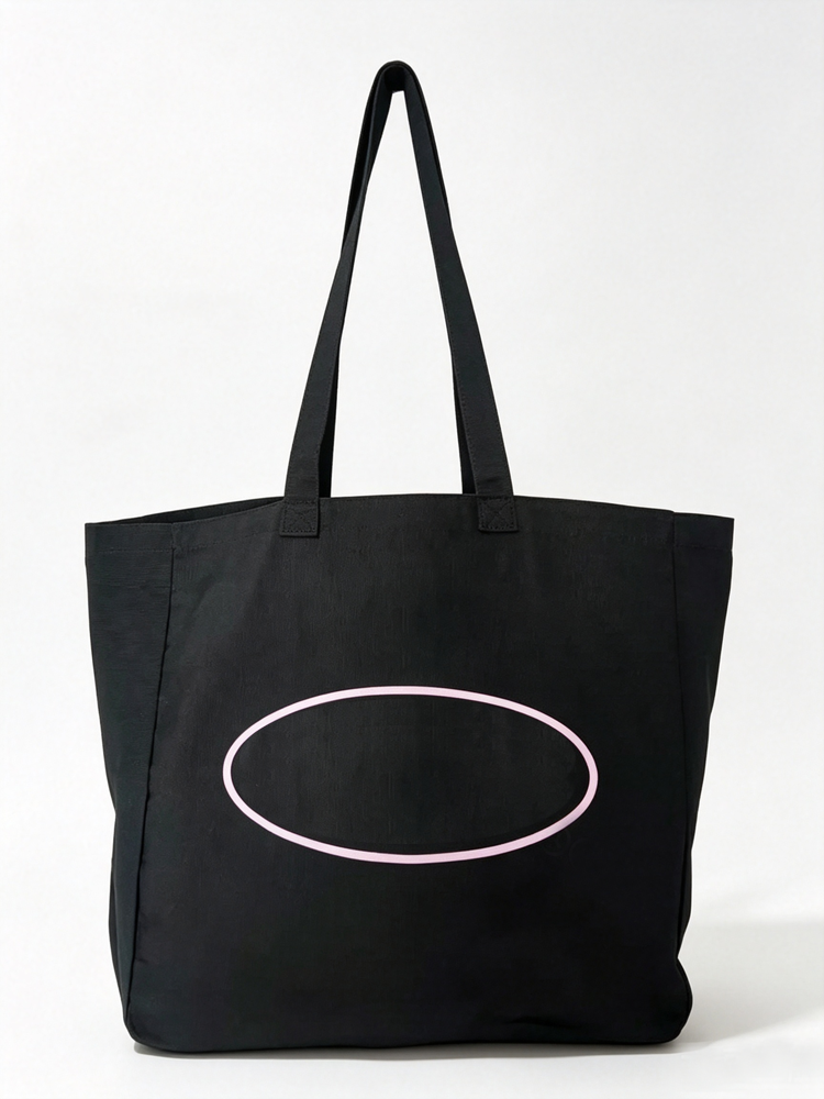 51170565 Black Canvas Tote Bag Pink Oval Island Print Large Capacity Daily Shopping Shoulder Bag