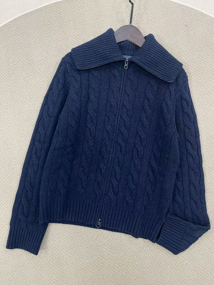 40762601 Cable Knit Zip‑Up Sweater Women Big Collar Full Zip Long Sleeve Knit Jacket