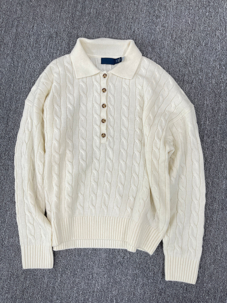 40823764 Women Cable Knit Polo Collar Sweater Long Sleeve Button Pullover Jumper