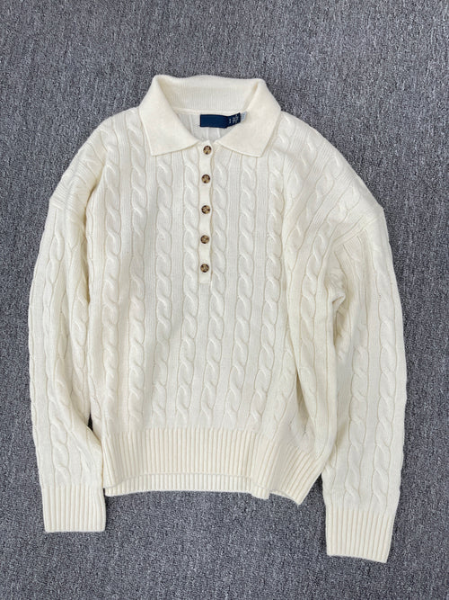40823764 Women Cable Knit Polo Collar Sweater Long Sleeve Button Pullover Jumper