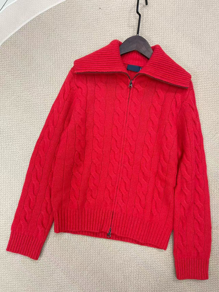 40762601 Cable Knit Zip‑Up Sweater Women Big Collar Full Zip Long Sleeve Knit Jacket