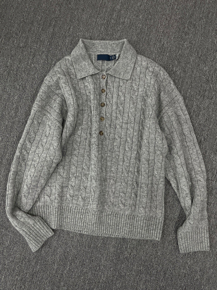 40823764 Women Cable Knit Polo Collar Sweater Long Sleeve Button Pullover Jumper