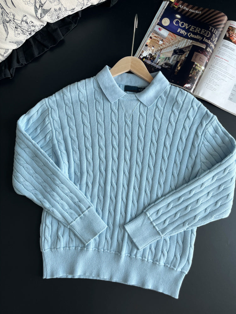 Women Collared Cable Knit Sweater Long Sleeve Pullover Jumper Top - 51247273