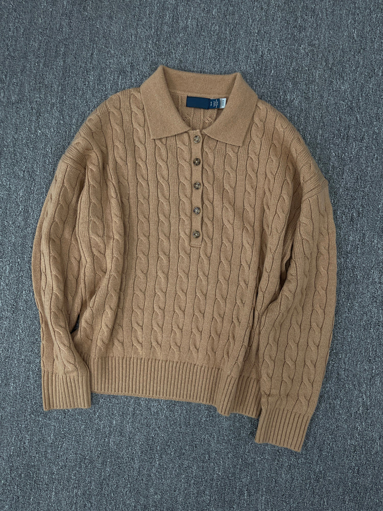 40823764 Women Cable Knit Polo Collar Sweater Long Sleeve Button Pullover Jumper