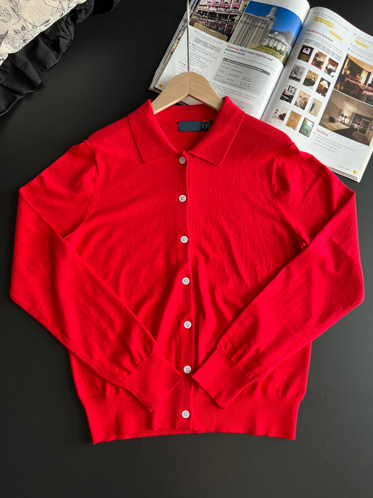 Women Polo Collar Knit Cardigan Long Sleeve Button‑Down Sweater Top - 51247340