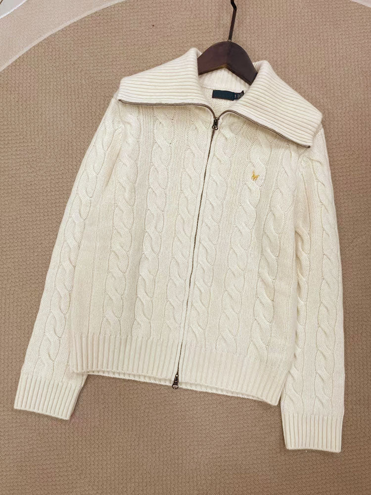 40762601 Cable Knit Zip‑Up Sweater Women Big Collar Full Zip Long Sleeve Knit Jacket