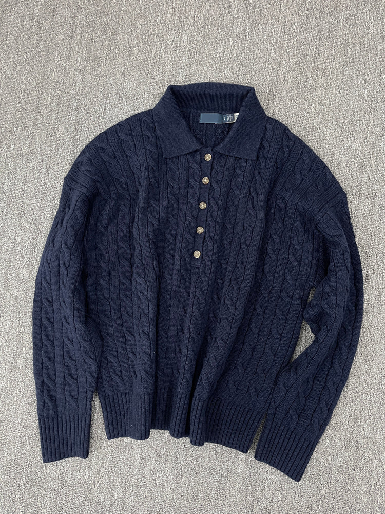 40823764 Women Cable Knit Polo Collar Sweater Long Sleeve Button Pullover Jumper