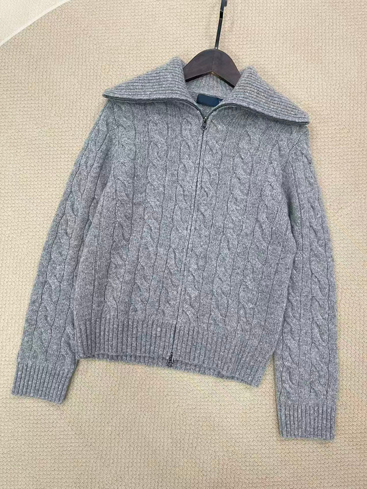 40762601 Cable Knit Zip‑Up Sweater Women Big Collar Full Zip Long Sleeve Knit Jacket