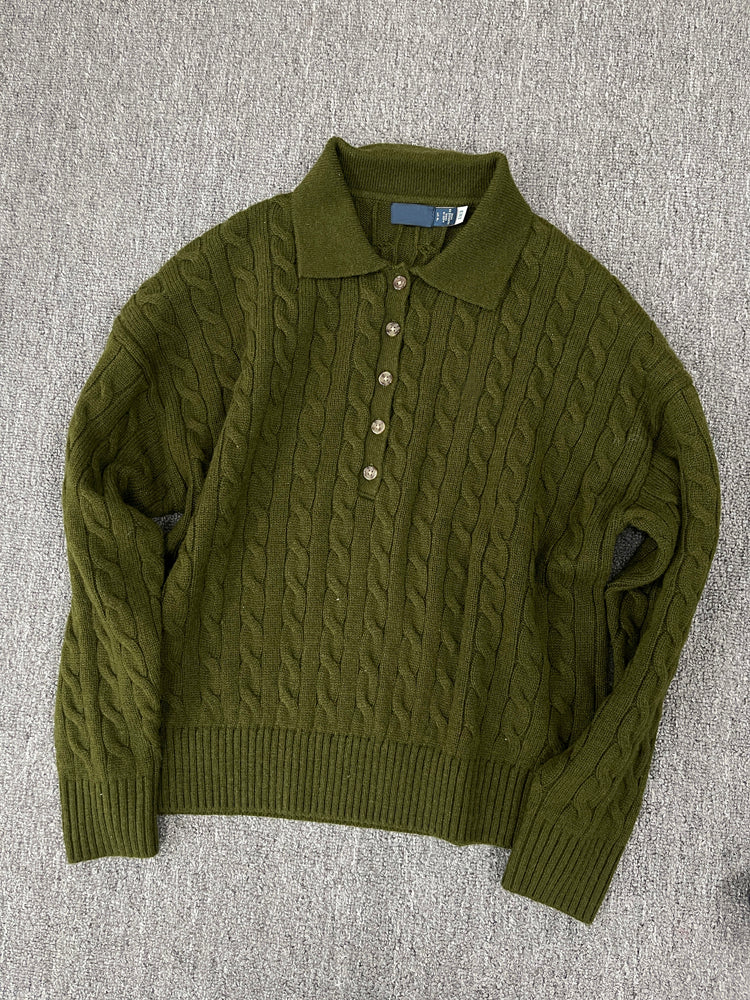 40823764 Women Cable Knit Polo Collar Sweater Long Sleeve Button Pullover Jumper