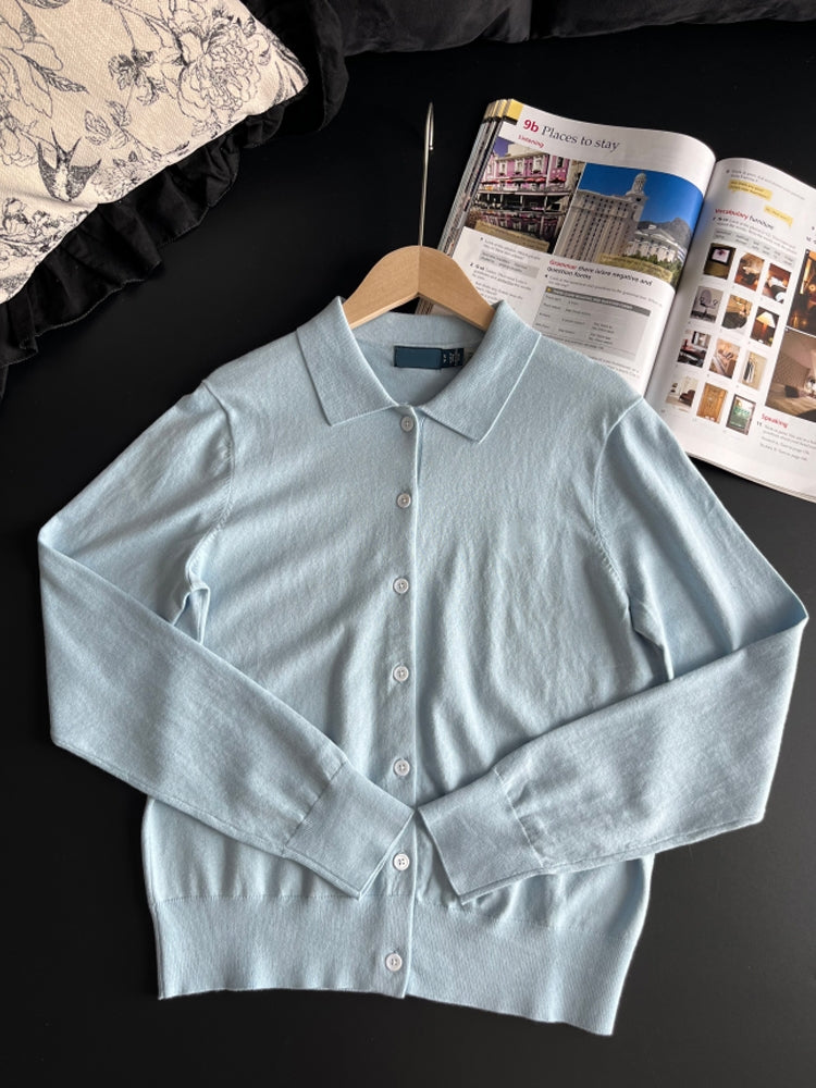 Women Polo Collar Knit Cardigan Long Sleeve Button‑Down Sweater Top - 51247340