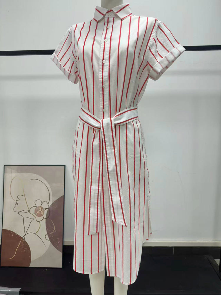 Women's Striped Belted Shirt Dress