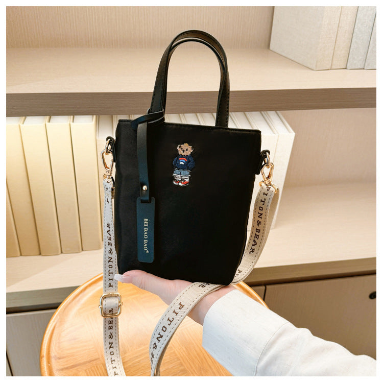 51170551 Mini Embroidery Bear Bucket Bag Top Handle Adjustable Strap Crossbody Shoulder Tote