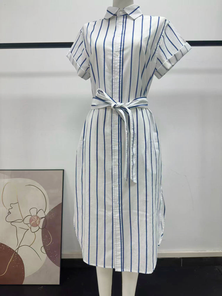 Women's Striped Belted Shirt Dress