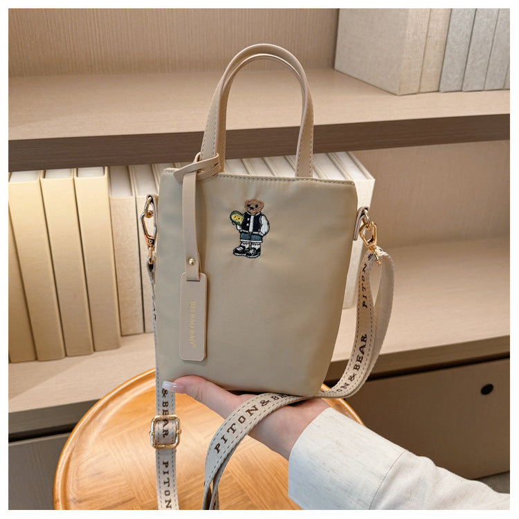 51170551 Mini Embroidery Bear Bucket Bag Top Handle Adjustable Strap Crossbody Shoulder Tote