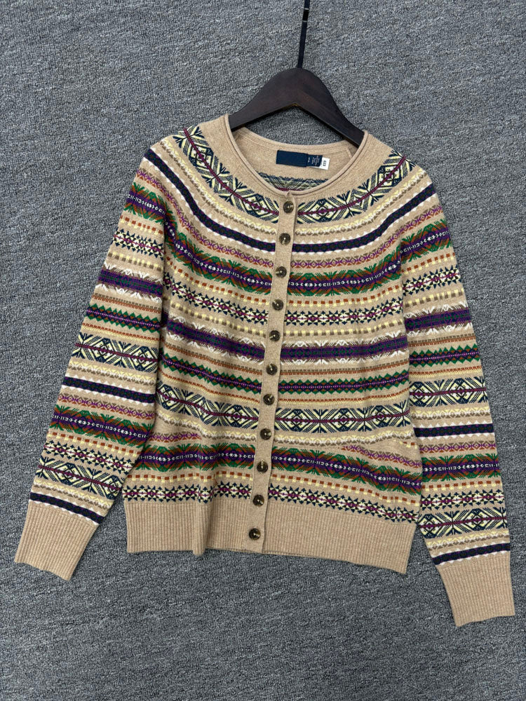 Women Vintage Fair Isle Pattern Knit Cardigan Long Sleeve Button Sweater - 40784324