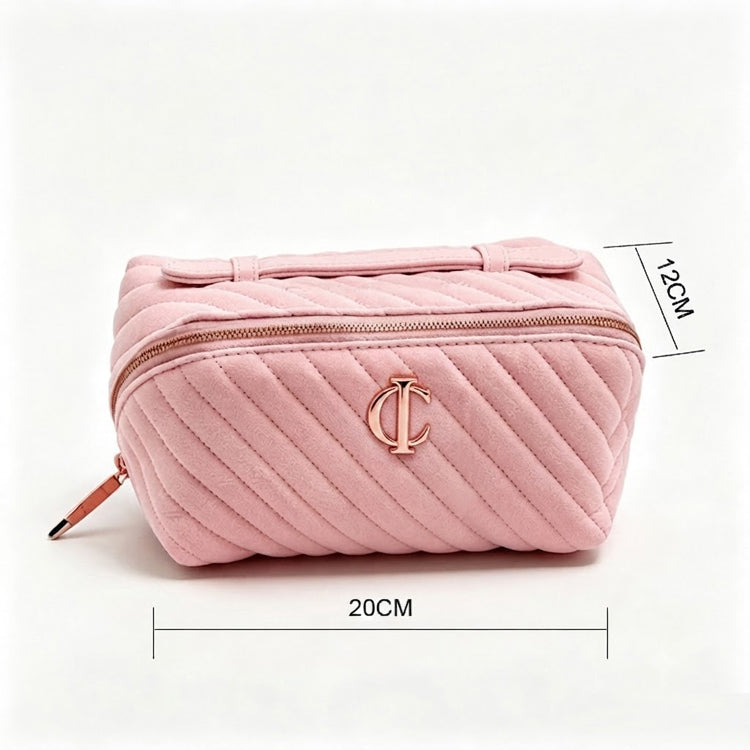 51180977 Pink Quilted Velvet Makeup Bag Logo Decor Portable Travel Cosmetic Storage Pouch
