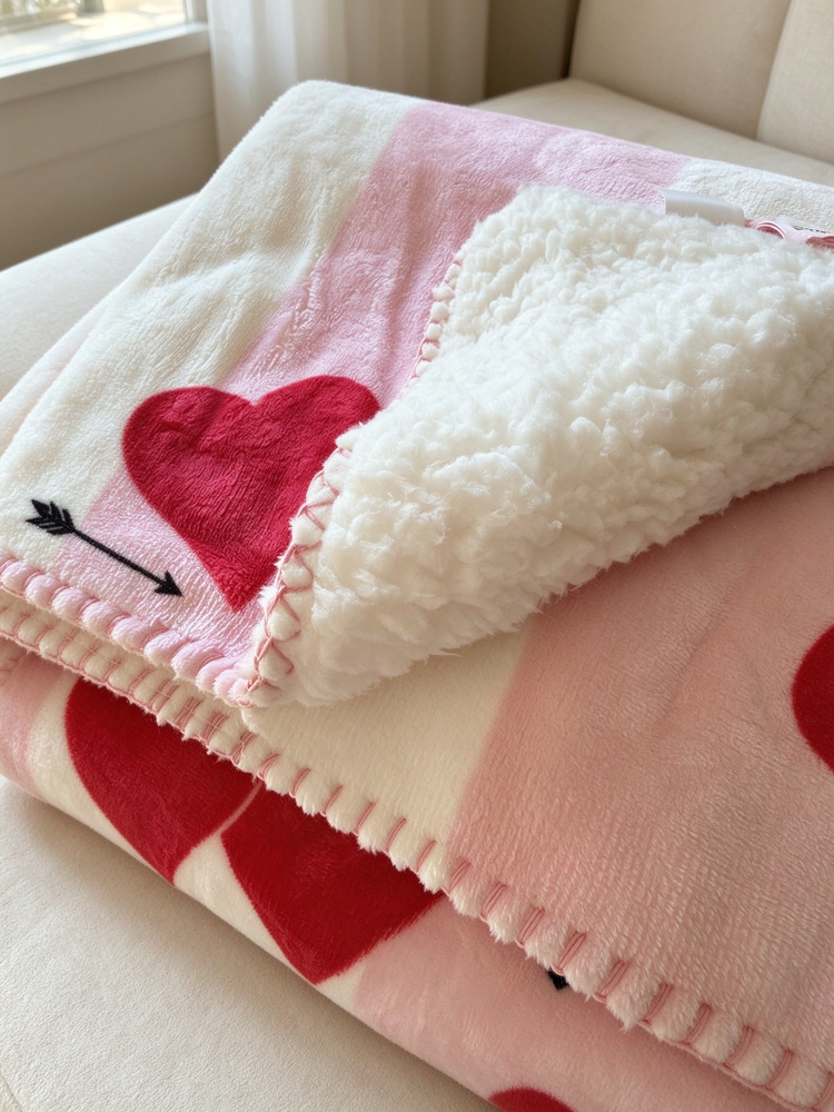 51379455 Heart Print Sherpa Fleece Blanket, Soft Warm Reversible Throw Blanket
